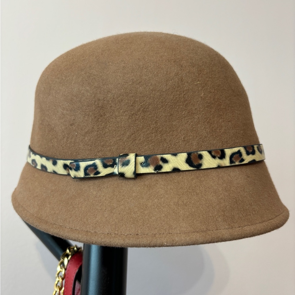 Camel Color Wool Cloche Hat with Leopard Band